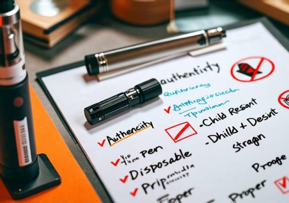 Close-up of a disposable vape pen next to a checklist emphasizing responsible vaping practices, with cautionary symbols in the background.