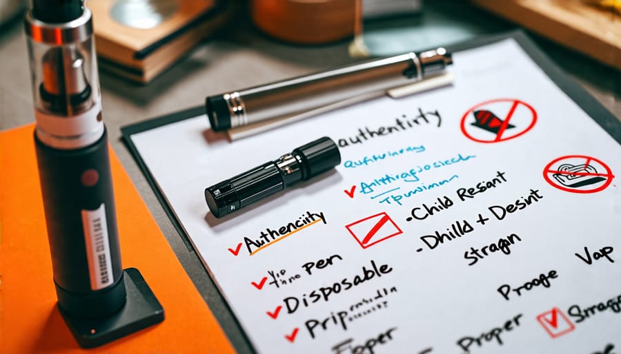 Close-up of a disposable vape pen next to a checklist emphasizing responsible vaping practices, with cautionary symbols in the background.