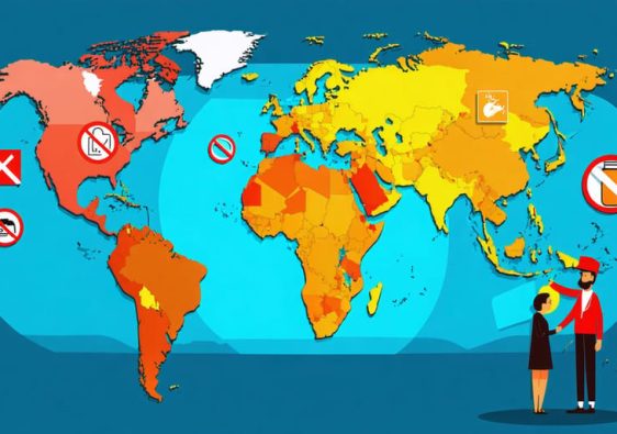 Conceptual illustration of a global map showing different vaping regulation policies in key regions such as the United States, Europe, and Asia, with symbols representing age restrictions, bans on flavored products, and collaborative policy efforts.