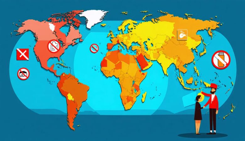 Conceptual illustration of a global map showing different vaping regulation policies in key regions such as the United States, Europe, and Asia, with symbols representing age restrictions, bans on flavored products, and collaborative policy efforts.